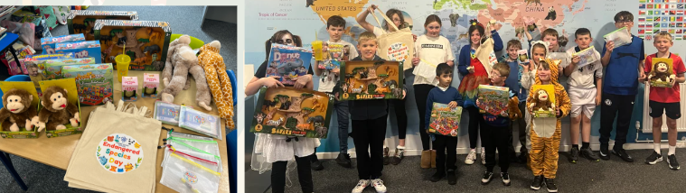 Photo of children dressed up for Endangered Species Day and raffle prizes