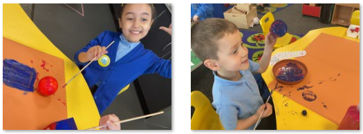 Photos of children painting 3D shapes