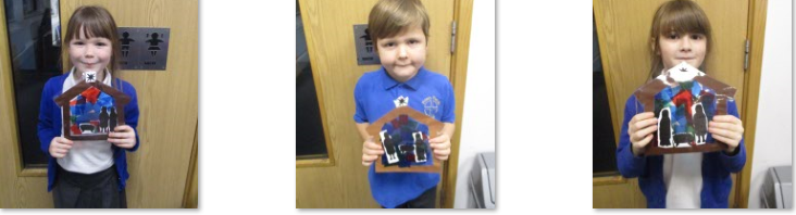 Photos of children holding nativity scenes