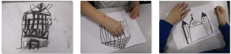 Photos of children's charcoal drawings of Tudor houses 