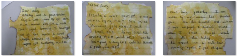 Photos of children's aged diary entries
