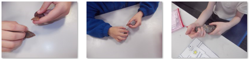 Photos of children handing Stone Age flint tools