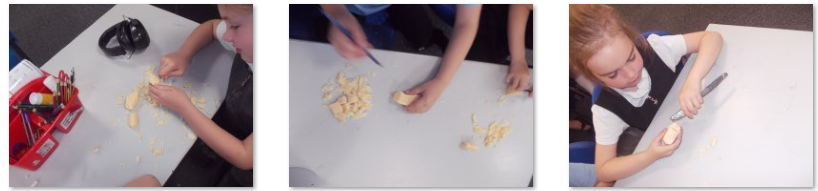 Photos of children making Stone Age style tools