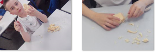 Photos of children making Stone Age style tools