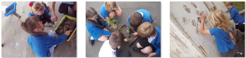 Photos of children trying Stone Age cave painting
