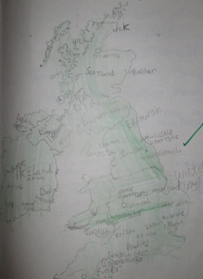 Photo of child's drawn UK map