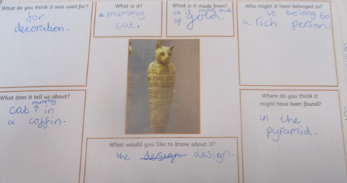 Photos of children investigating Egyptian artefacts