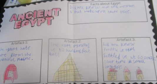 Photos of children investigating Egyptian artefacts