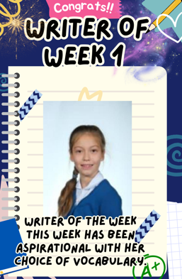 Congratulations Certificate poster for Week 1's writer of the week