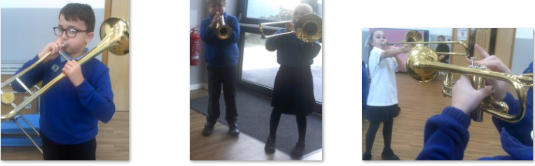 Photos of children playing brass instruments