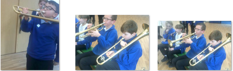 Photos of children playing brass instruments