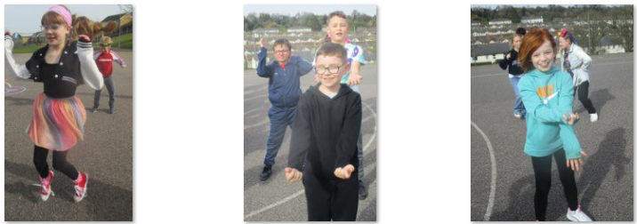Photos of children dressed up and dancing for Comic Relief