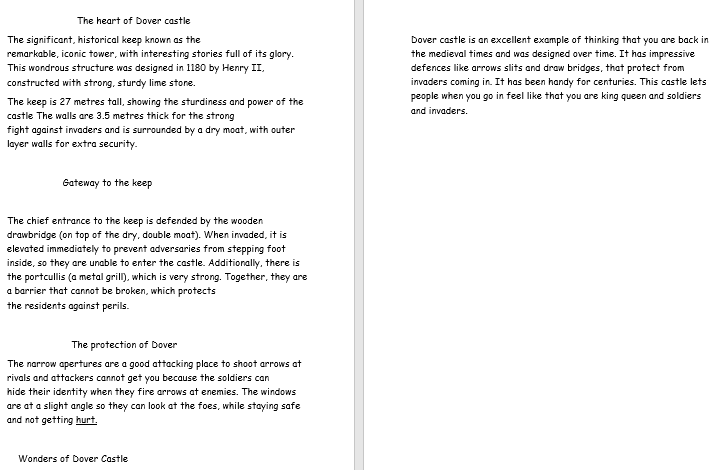 Photo of children's report on Dover Castle