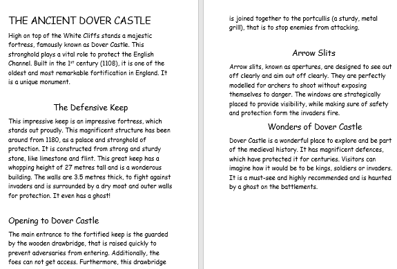 Photo of children's report on Dover Castle