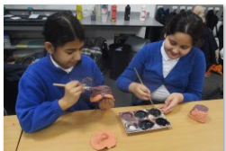 Photos of children making Mayan pots