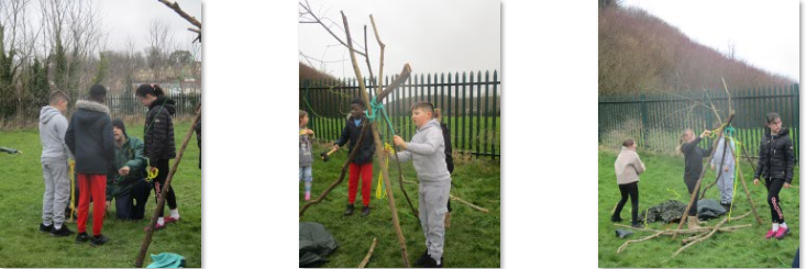 Photos of children building shelters outside