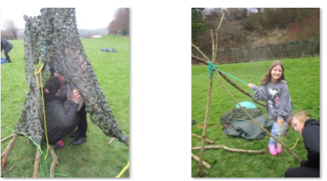Photos of children building shelters outside