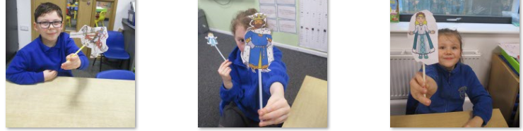 Photos of children holding up stick puppets