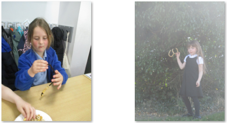 Photos of children making and installing bird feeders