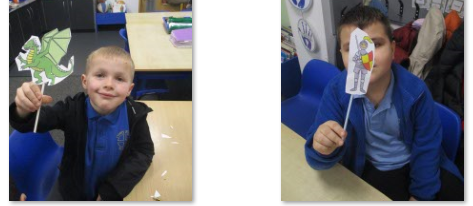Photos of children holding up stick puppets