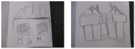 Photos of sketches of timber-framed buildings