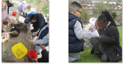 Photos of children making bird feeders at Forest School