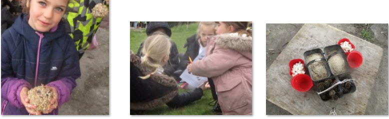 Photos of children making bird feeders at Forest School