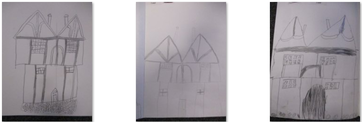 Photos of sketches of timber-framed buildings
