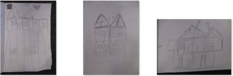 Photos of sketches of timber-framed buildings
