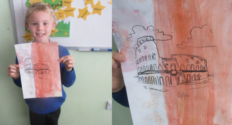 Photos of children holding up Roman art