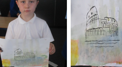 Photos of children holding up Roman art