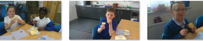 Photos of children tasting butter they made