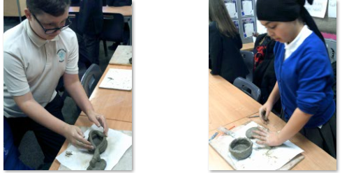 Photos of children making Mayan pots