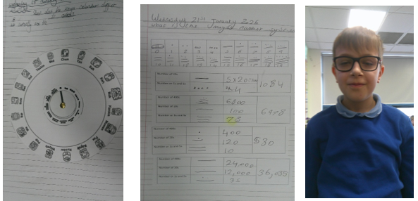 Photos of Mayan calendar work and child