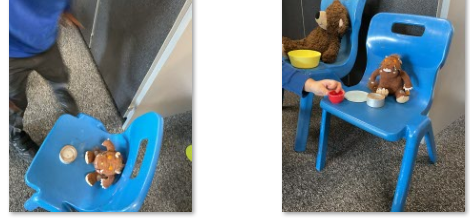 Photos of children placing chairs for teddies