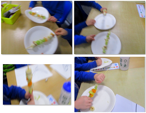 Photos of children making fruit kebabs