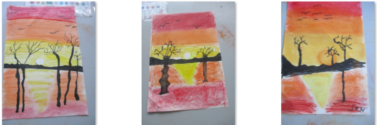 Photos of children's sunset drawings