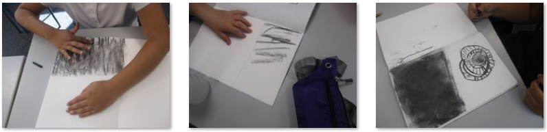 Photos of children drawing fossils