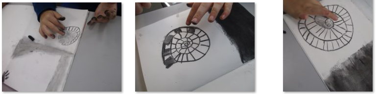 Photos of children drawing fossils