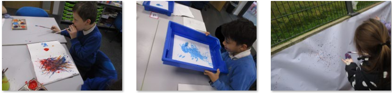 Photos of children creating Jackson Pollock inspired art