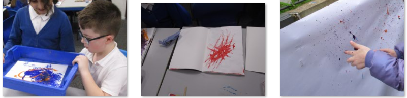 Photos of children creating Jackson Pollock inspired art