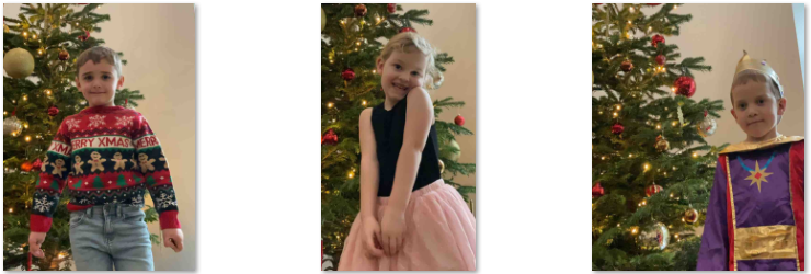 Photos of children dressed up in front of Christmas tree