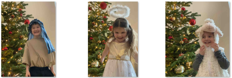 Photos of children dressed up in front of Christmas tree