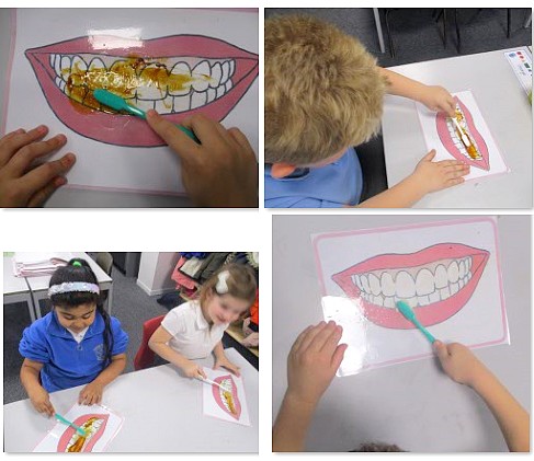 Photos of children cleaning teeth