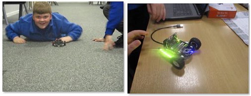 Photos of children programming Microbits